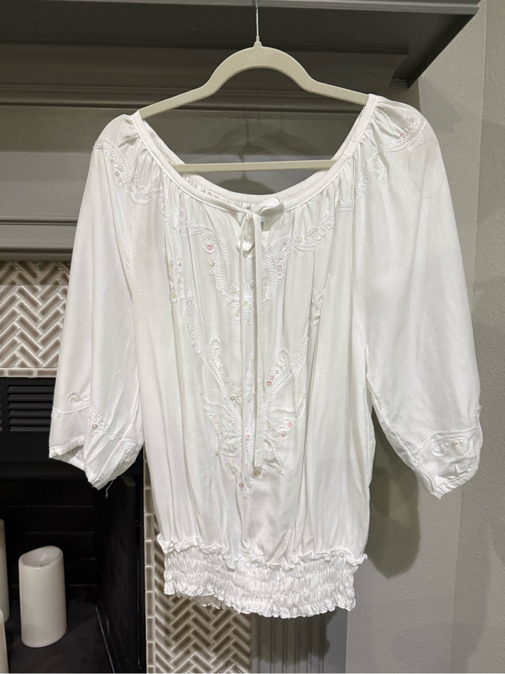 White Embroidered Peasant Top with Tie Neck